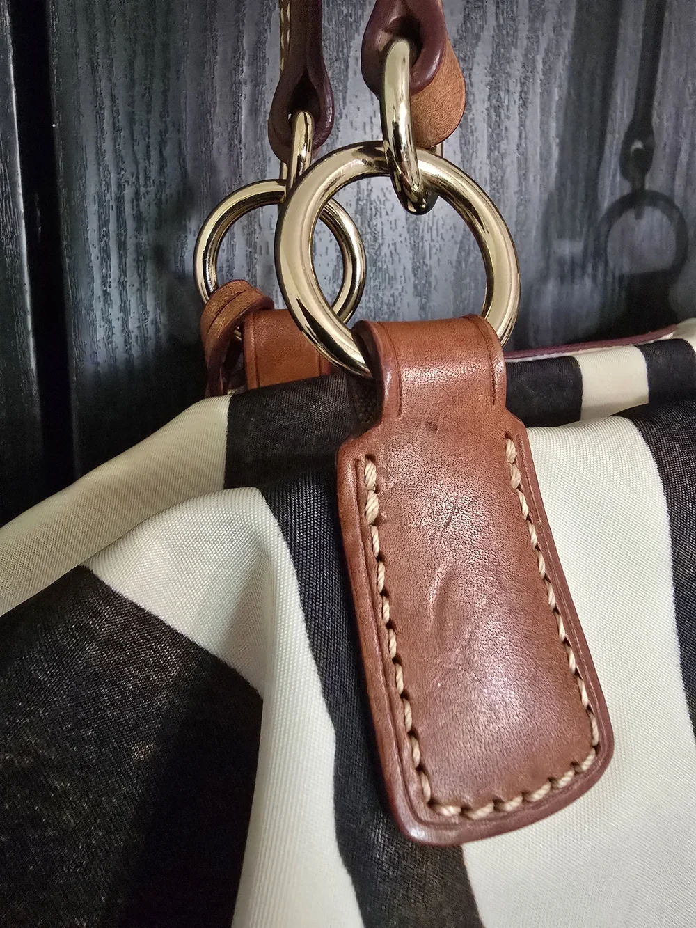 Dooney & Bourke Black and White Zebra Stripe Tote with Brown Leather Handles